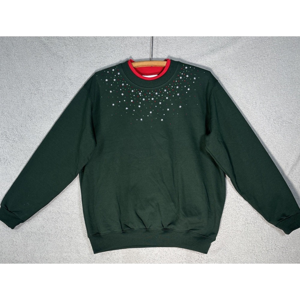 Country‎ Store Green Christmas Sweatshirt Large Stars Rhinestones Double Neck